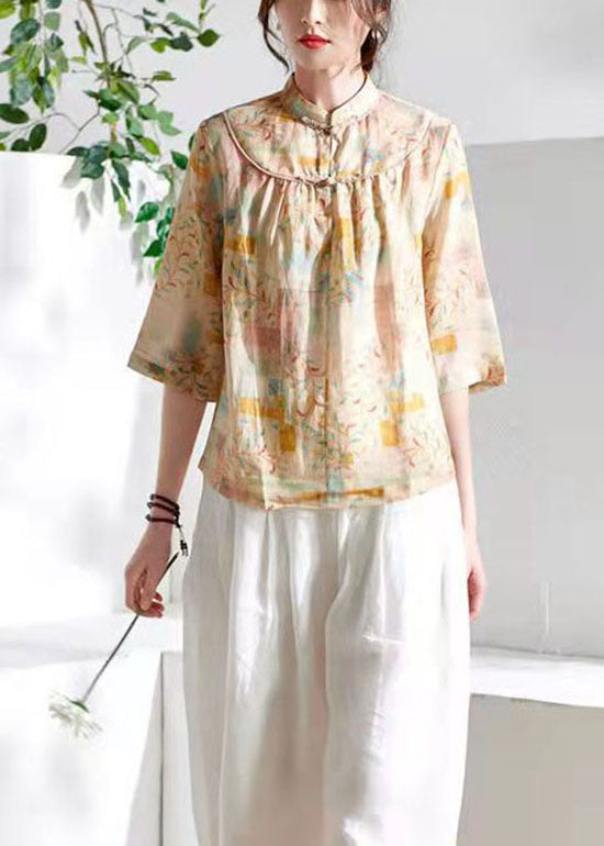 Khaki Stand Collar Print Tops Three Quarter Sleeve
