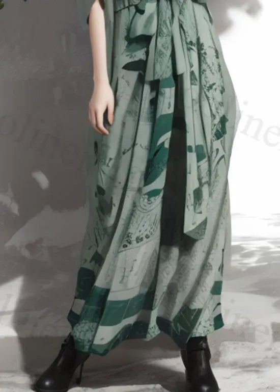 Green Print Lace Up Loose Silk Maxi Dresses Summer