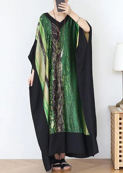 French Green Print Chiffon Patchwork Spring Dress