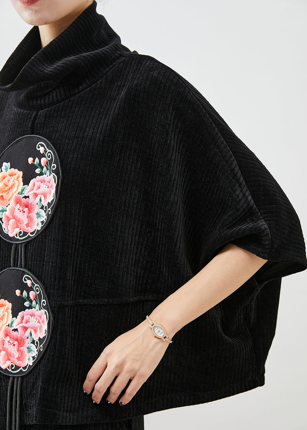 Black Turtle Neck Embroideried Tasseled Corduroy Two Pieces Set Fall