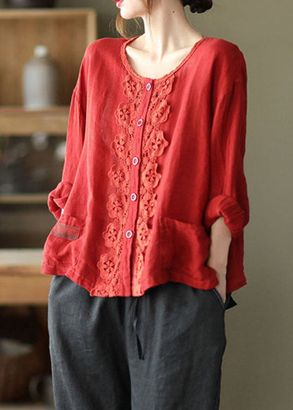 Red Retro Button Pockets Loose Fall Top
