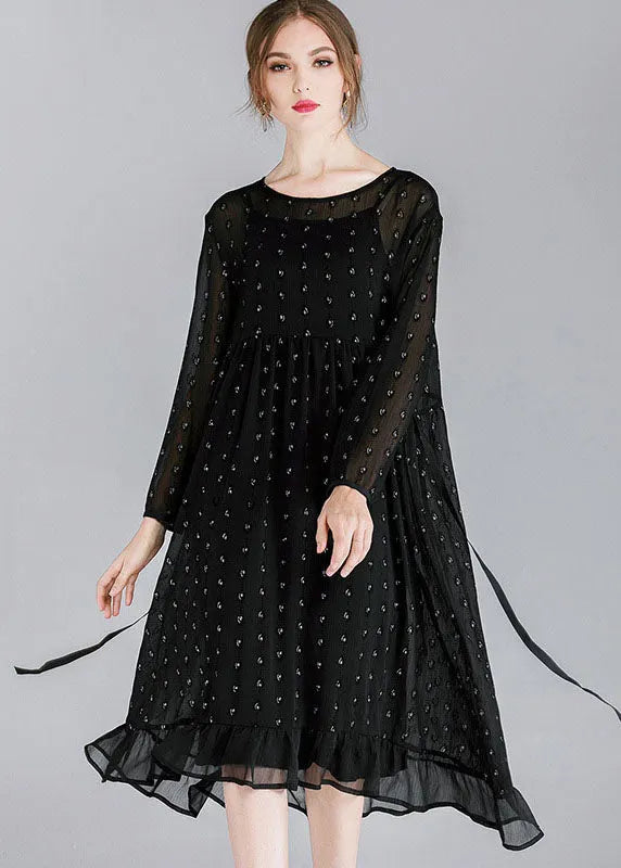 French Black O-neck Patchwork Ruffled Chiffon Dress Two Pieces Set Spring