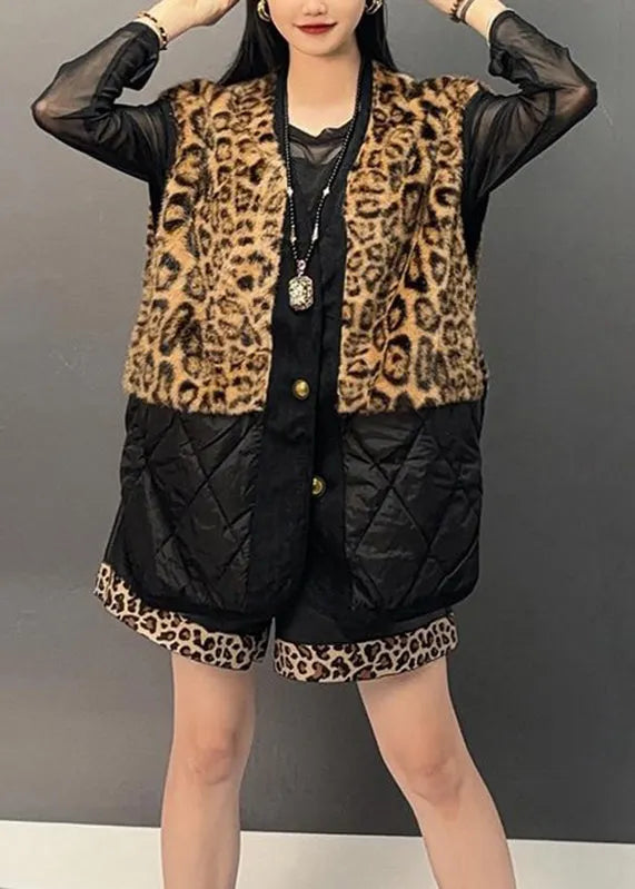 Natural Colorblock V Neck Print Patchwork Pockets Parka Waistcoat Winter
