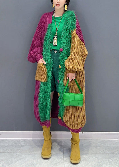 Green V Neck Button Pockets Patchwork Knit Cardigan Fall