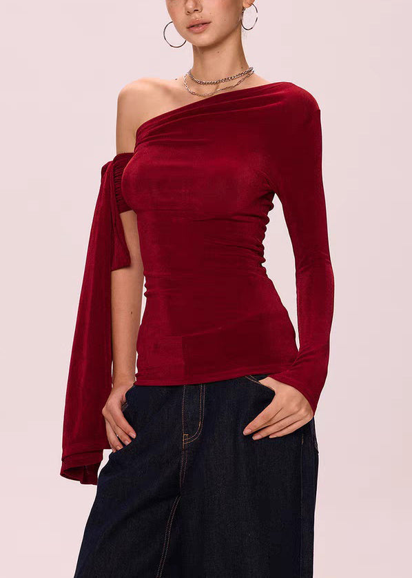 Red Slim Fit Cotton Fall T Shirts Asymmetrical