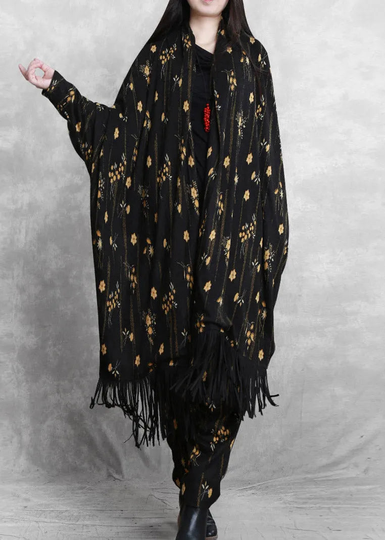 Black Print Mink Velvet Coat and Wide Leg Pants Two Pieces Set Fall