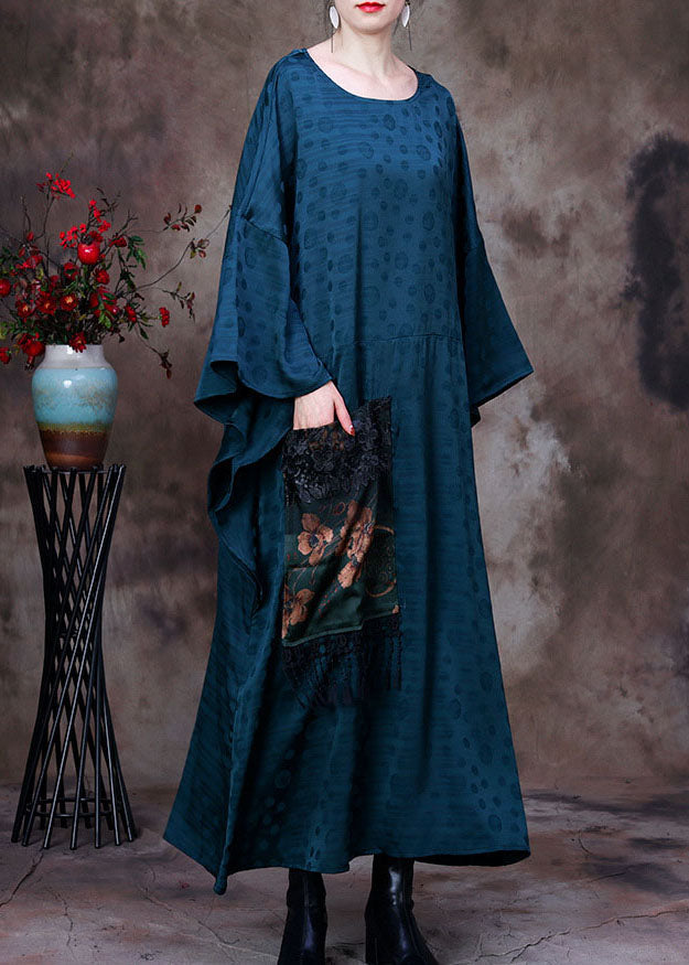 Black Embroideried Asymmetrical Design Patchwork Big Pocket Silk Long Dress Batwing Sleeve
