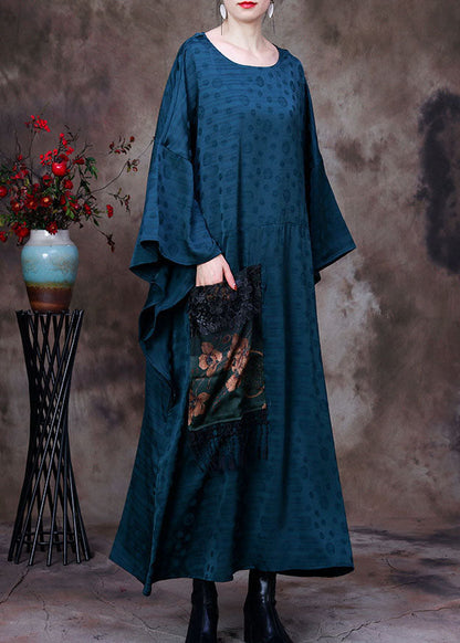 Black Embroideried Asymmetrical Design Patchwork Big Pocket Silk Long Dress Batwing Sleeve