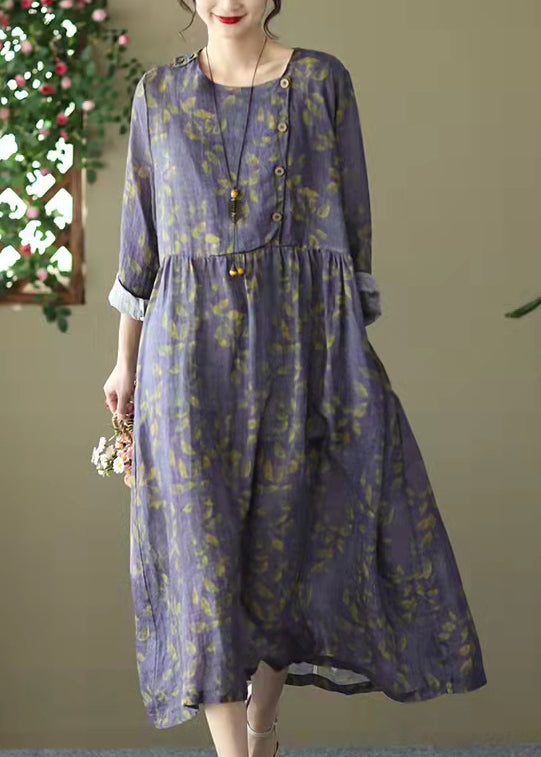 Purple O-neck Cinched Button Print Linen Dress Long Sleeve