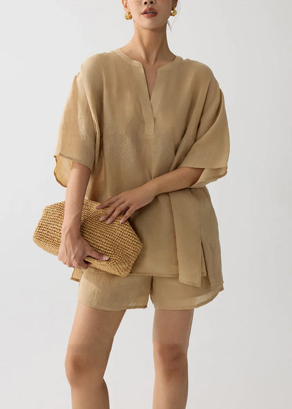 Coffee Embroidered Linen Two Pieces Set Summer