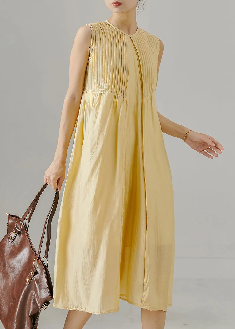 Yellow Wrinkled Backless Cotton Maxi Dresses Sleeveless