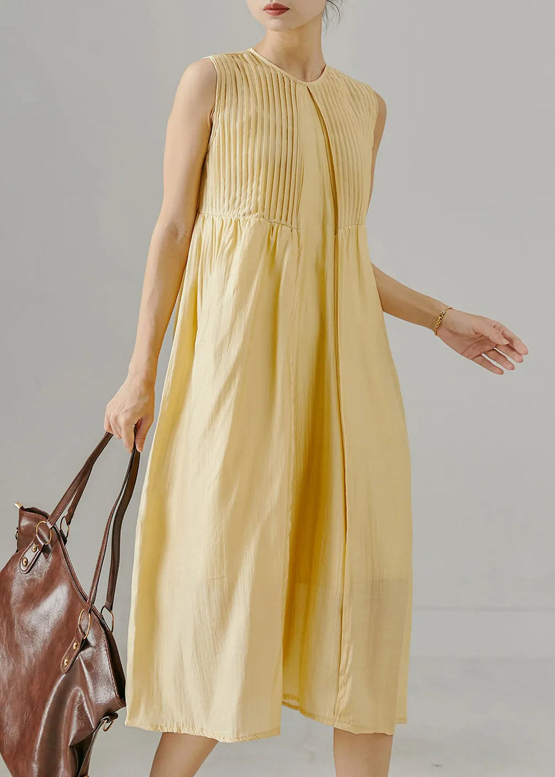 Yellow Wrinkled Backless Cotton Maxi Dresses Sleeveless