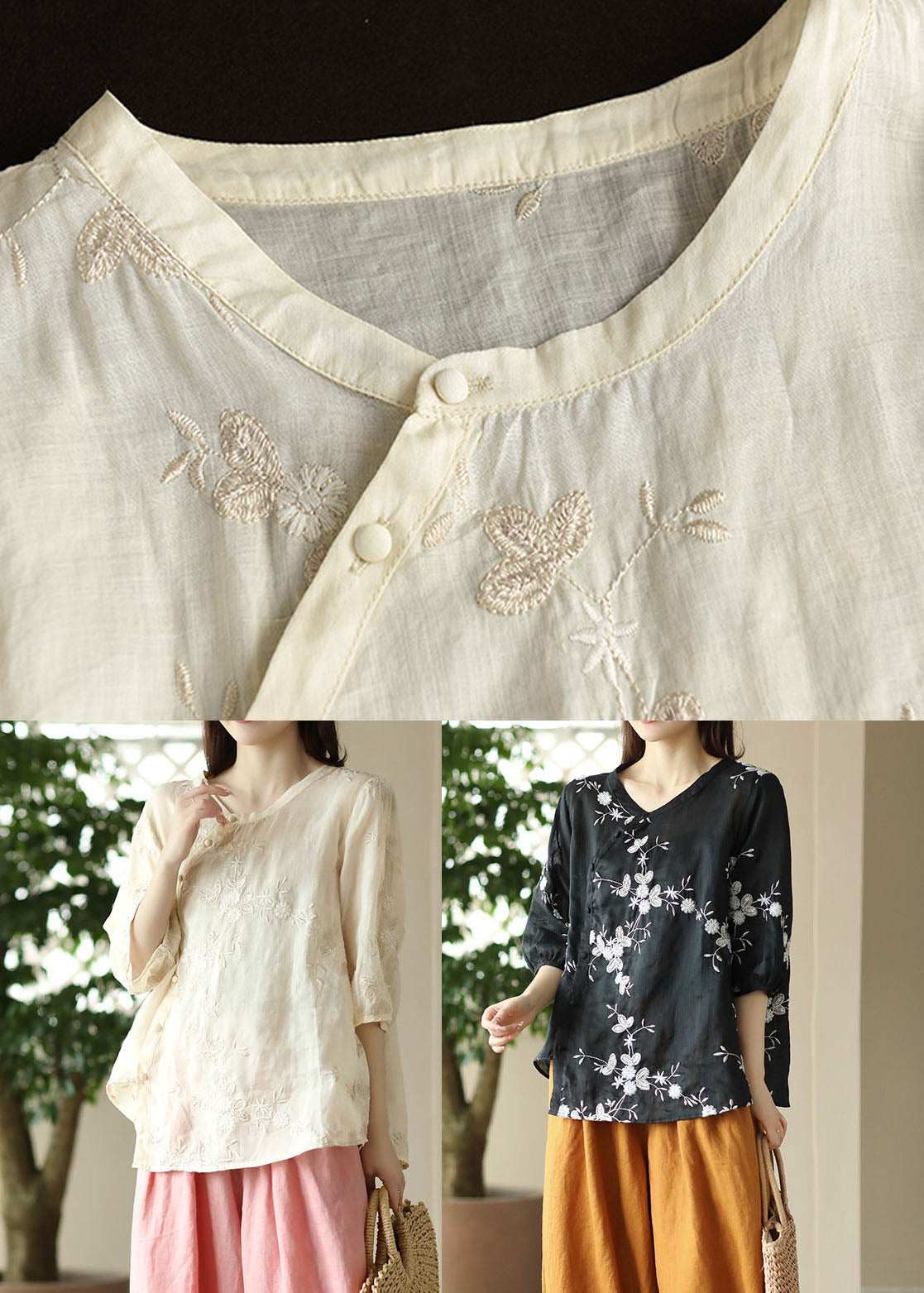 Black Patchwork Linen Top O-neck Embroideried Button Summer