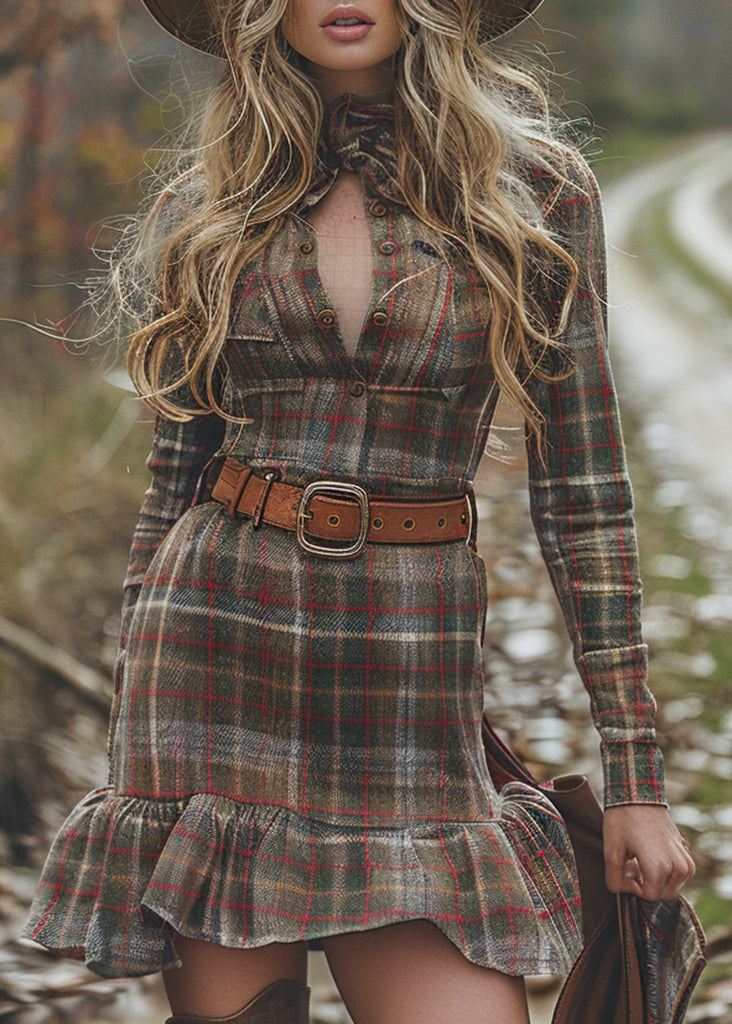 Ruffled Plaid Patchwork Cotton Mini Dress Spring