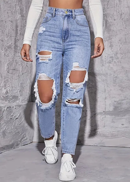 Blue Hole Pockets High Waist Denim Crop Pants Summer