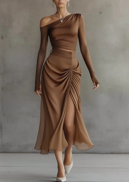 French Brown Asymmetrical Top and Maxi Skirts Two Pieces Set Spring