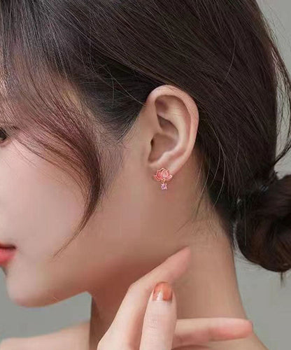 Diy Pink Sterling Silver Overgild Inlaid Zircon Enamerl Stud Earrings