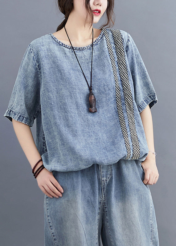 Retro Denim Blue O-neck Patchwork Top Half Sleeve