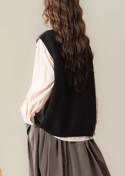 Loose Black Asymmetrical Patchwork Knit Vest Top Sleeveless