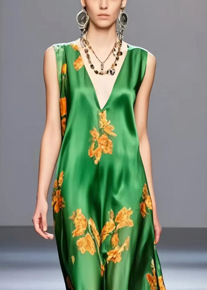 Green V Neck Print Silk Long Dresses Sleeveless