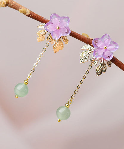 Pink Sun Flower Crystal Fine Jade 14k Gold Tassel Drop Earrings