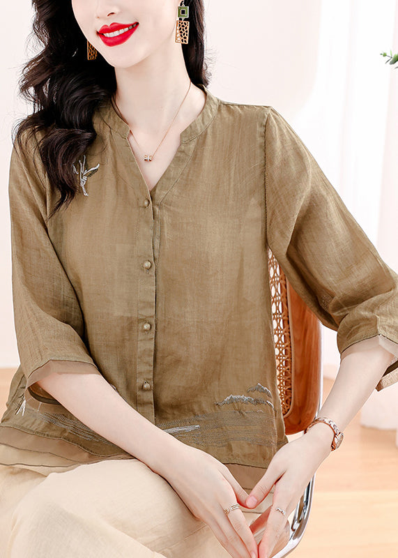 Khaki Embroidered Patchwork Linen Two Piece Set Outfits Summer