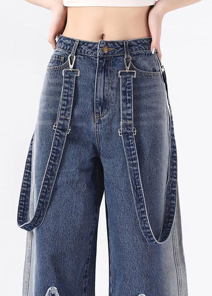 Blue Pockets Patch Denim Straight Pants Spring