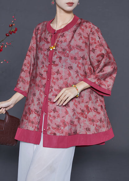 Red Print Cotton Shirt Oversized Bracelet Sleeve