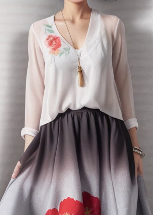 French White V Neck Print False Two Pieces Silk Dress Long Sleeve