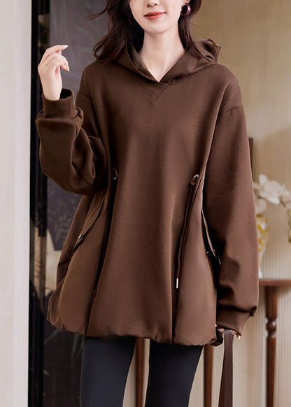 Coffee Hooded Pockets Drawstring Cotton Sweatshirt Fall