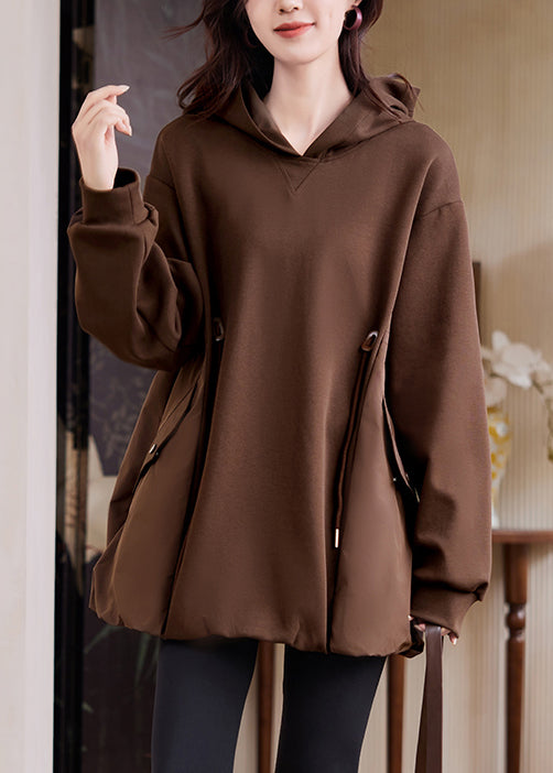 Coffee Hooded Pockets Drawstring Cotton Sweatshirt Fall