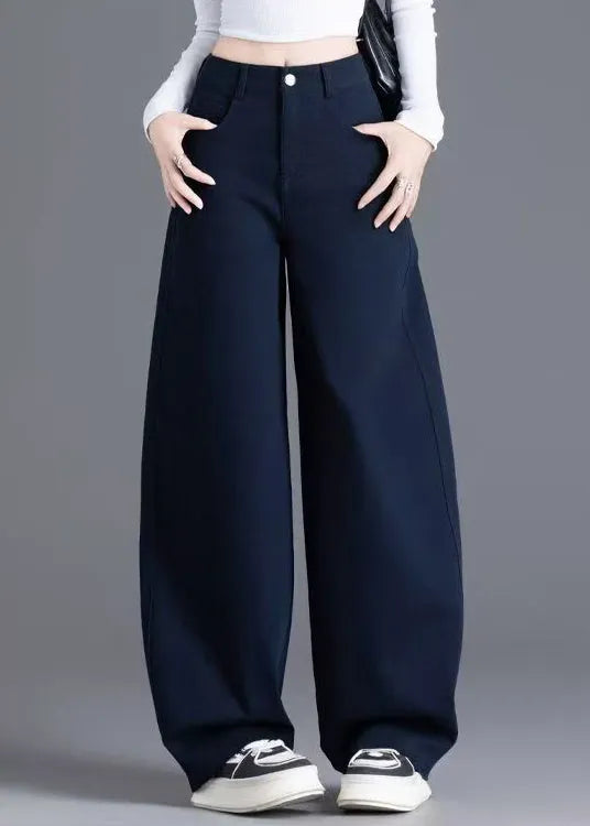 Navy Button Pockets Denim Wide Leg Pants High Waist