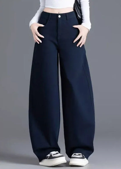 Navy Button Pockets Denim Wide Leg Pants High Waist