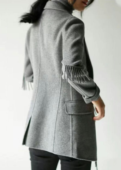 French Grey Notched Tassel Woolen Blend Coat Fall