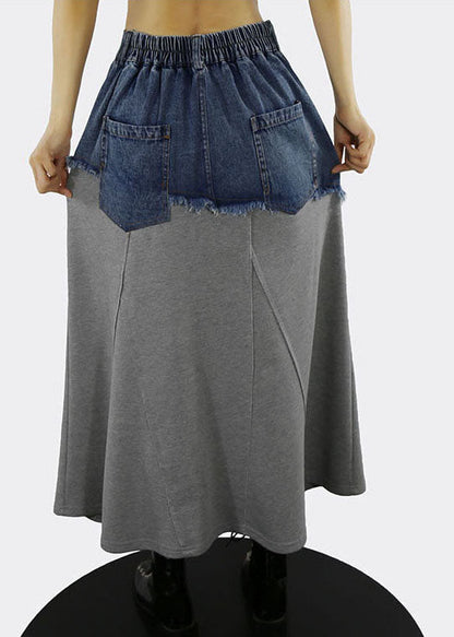 Grey a Line Skirts Denim Patchwork Button Spring