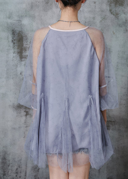 Grey Oversized Patchwork Tulle Top Summer