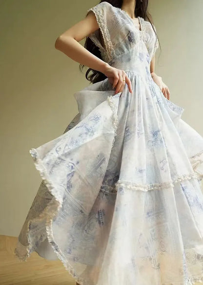 Art Blue V Neck Ruffled Print Chiffon Long Dresses Summer