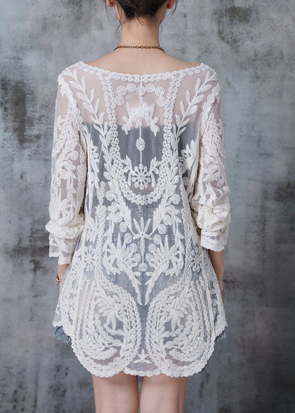 White Embroidered Hollow Out Tulle Long Smock Summer