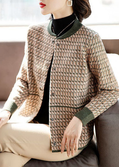 Army Green Patchwork Woolen Coats O-neck Pockets Long Sleeve