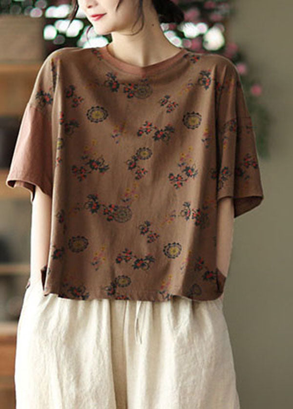 Dark Chocolate O-neck Oversized Print Cotton Tanks Short Sleeve