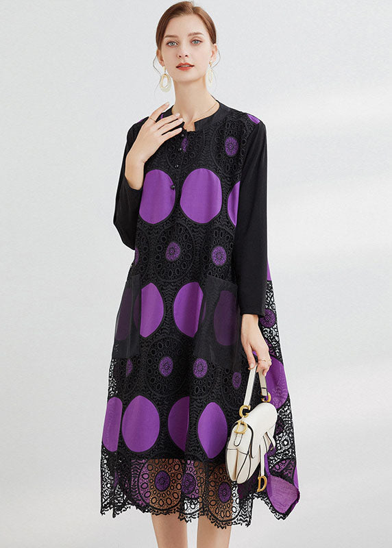 Chocolate Embroideried Pockets Lace Dress Spring