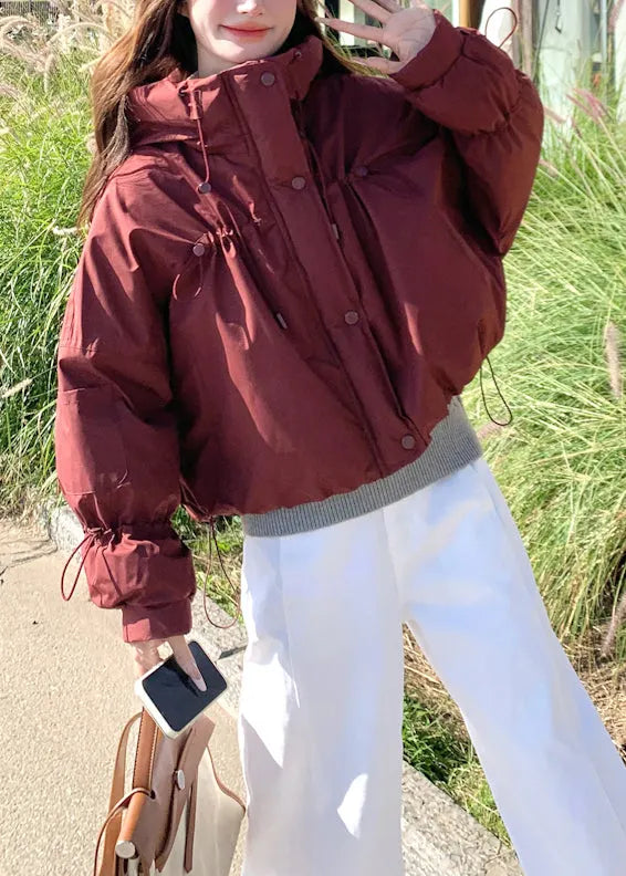 Red Stand Collar Drawstring Duck Down Puffer Jacket Winter