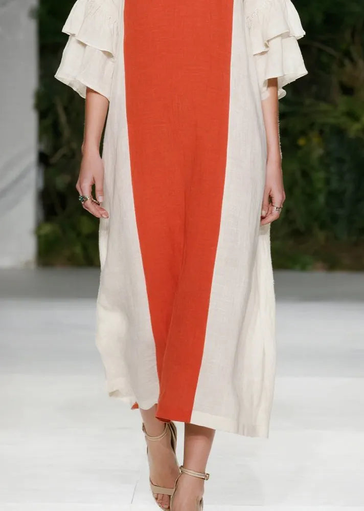 Orange Oversized Patchwork Cotton Maxi Dresses Flare Sleeve