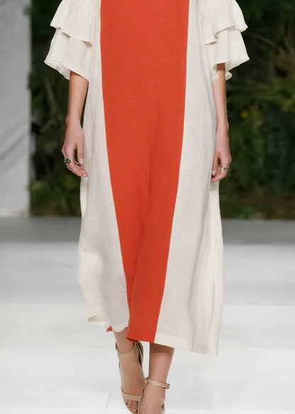 Orange Oversized Patchwork Cotton Maxi Dresses Flare Sleeve