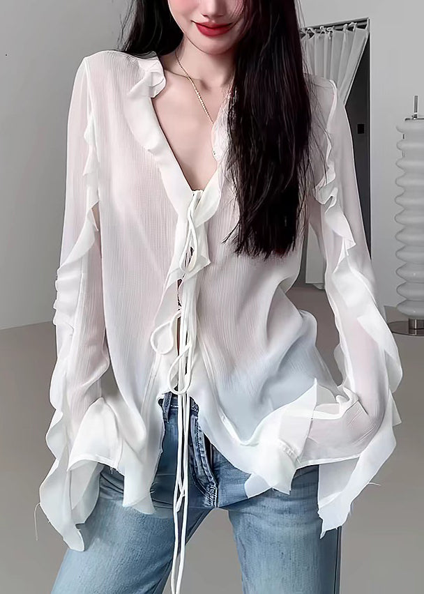 Natural White V Neck Ruffled Chiffon Shirt Fall