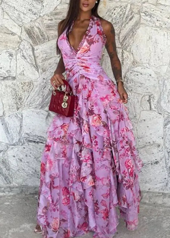 Handmade Blue Ruffled Asymmetrical Print Chiffon Long Dresses Sleeveless