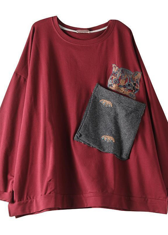 Art Red O-neck Embroideried Pockets Cotton Sweatshirt Long Sleeve
