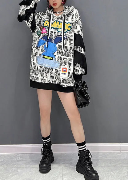 White Alphabet Print Nail Bead Hooded Sweatshirts Long Sleeve