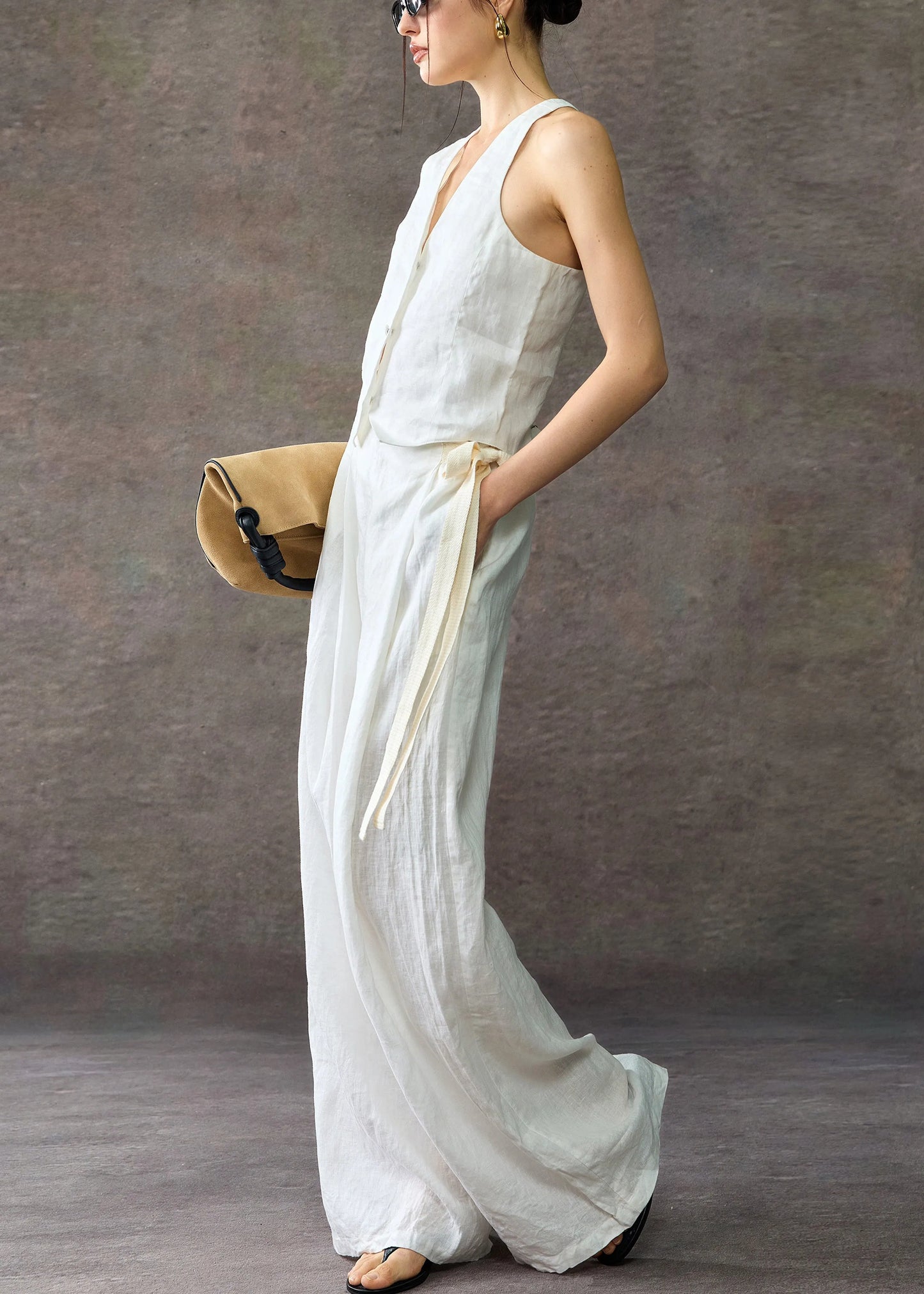 Stylish White V Neck Waistcoat and Wide Leg Pants Linen Two Piece Set Sleeveless