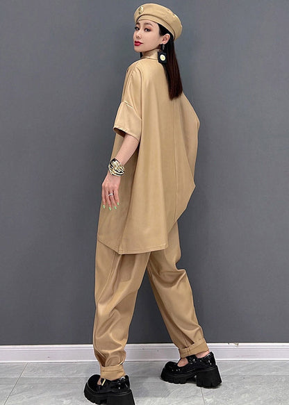 Khaki Peter Pan Collar Top and Pants Two Pieces Set Summer